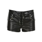 Black leather shorts with lace-up front and metal hardware on a white background
