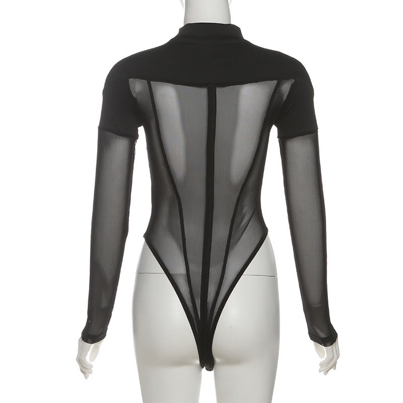 Sexy black mesh corset bodysuit back