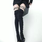 Black thigh-high boots with striped design on a white background