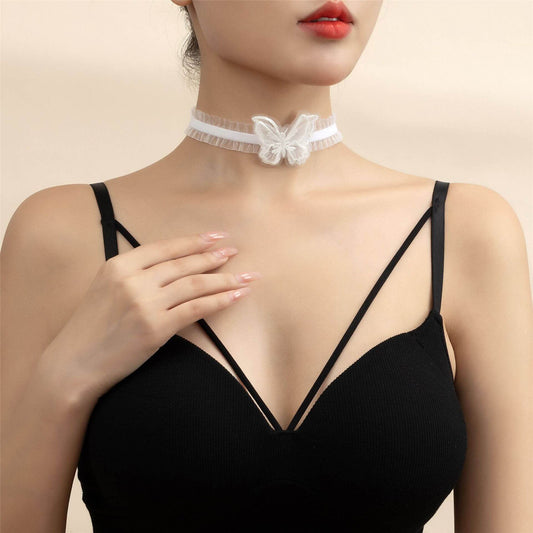Femboy With White Choker Butterfly Necklace - Femboy Fashion