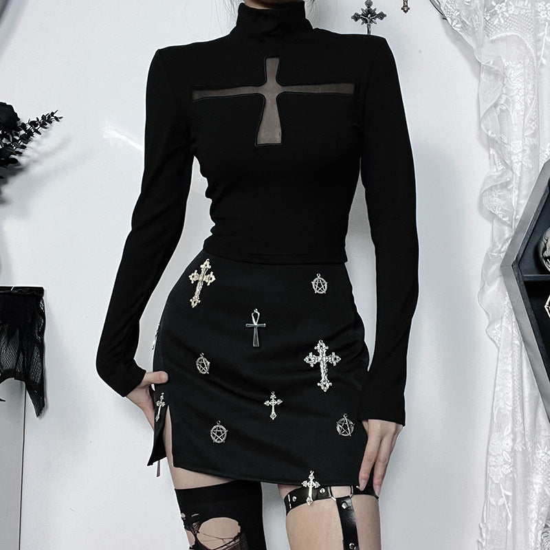 Black Cross Long Sleeve T-Shirt - Femboy Fashion