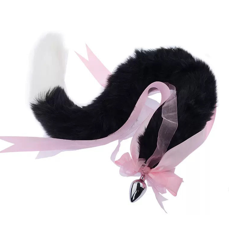 Femboy Fox Tail Butt Plug Black White - 80cm - Femboy Fashion