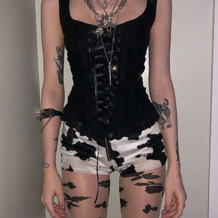 Femboy in Black Gothic Corset Top And Cow Short - Femboy Fashion