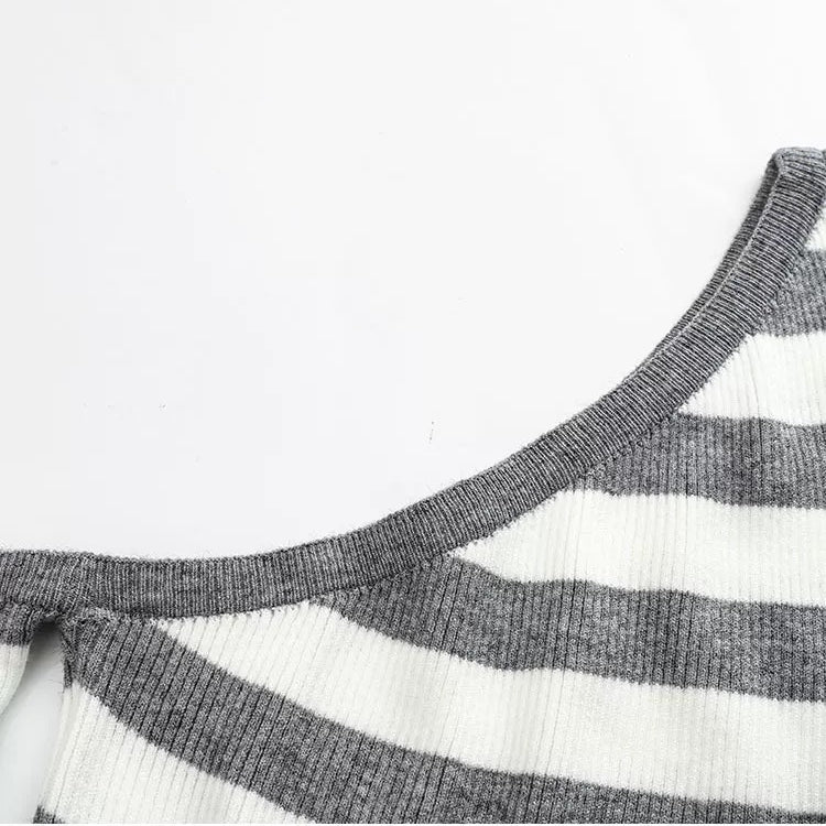 Gray And White Striped T-Shirt Long Sleeve - Femboy Fashion
