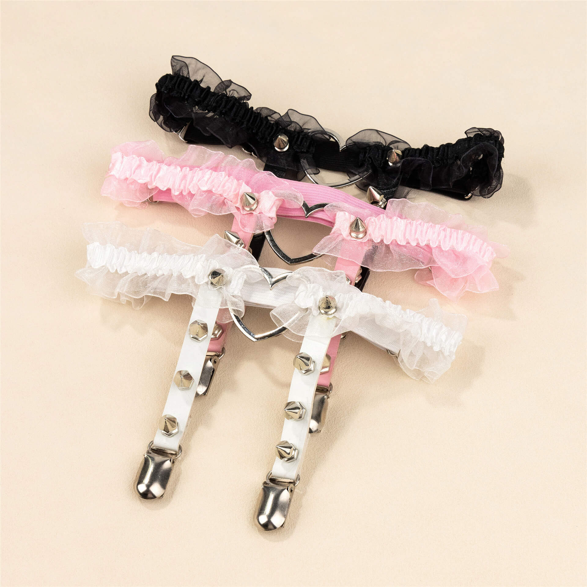 Black/White/Pink Lace Leg Garter With Heart - Femboy Fashion