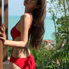 Red One Shoulder One Piece Swimsuit Back - Femboy Fashion