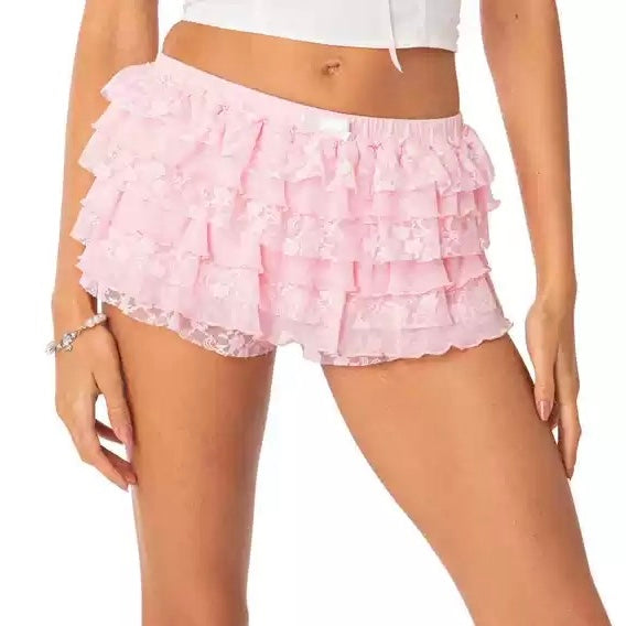 Sexy pink multi layer white lace short skirt