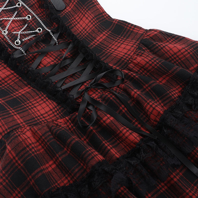 Sexy red and black plaid skirt set back