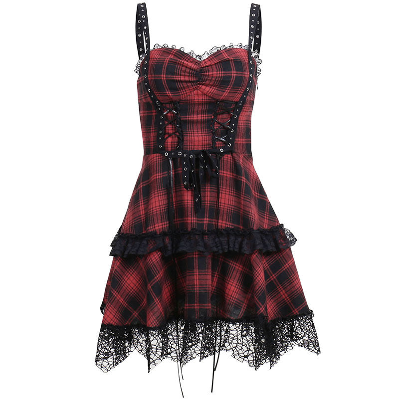 Sexy red and black plaid skirt set front