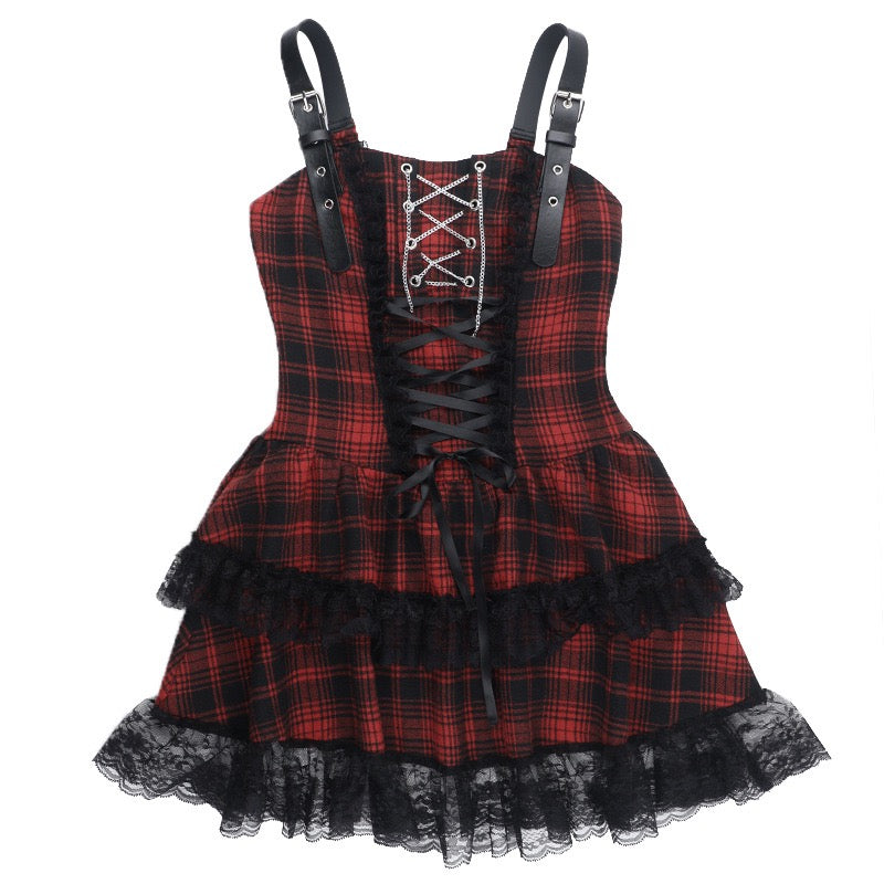 Sexy red and black plaid skirt set front