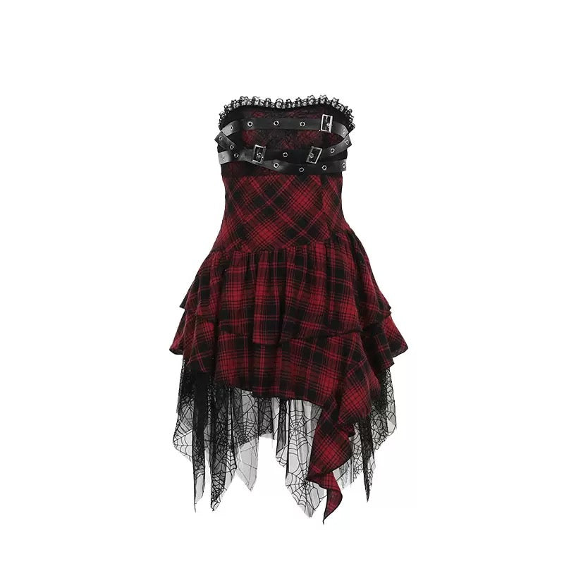 Sexy red and black plaid skirt set front