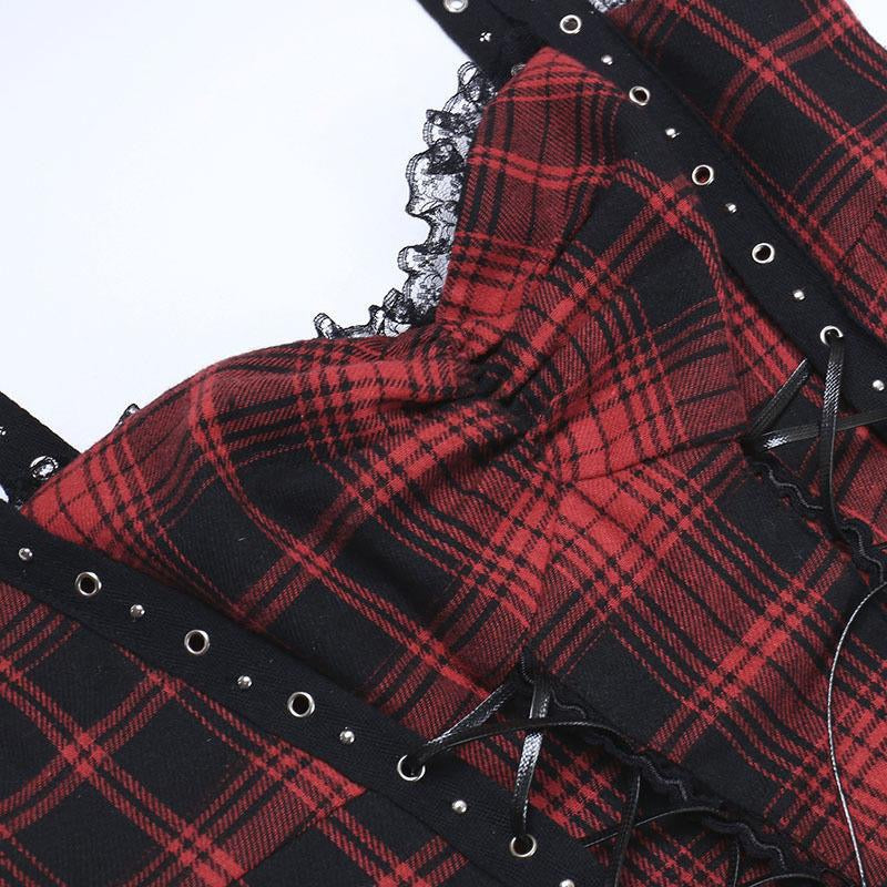 Sexy red and black plaid skirt set side