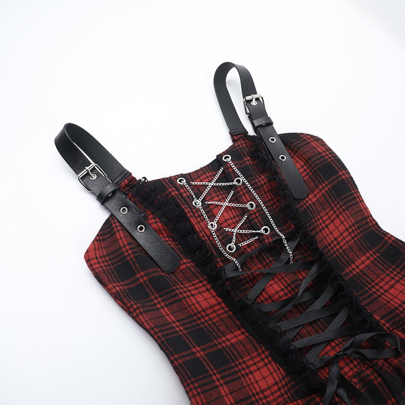Sexy red and black plaid skirt set side