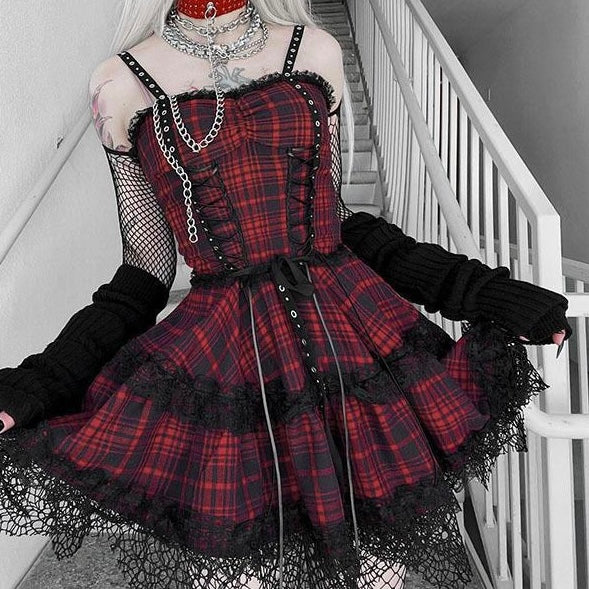 Red And Black Plaid Skirt Set Back - Femboy Fashion