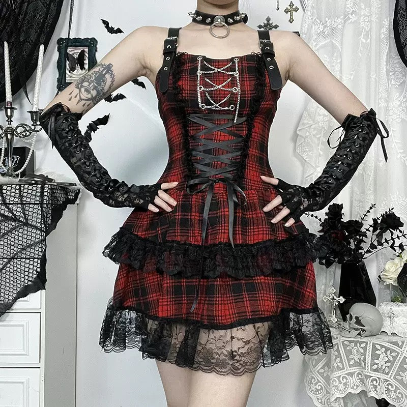 Red And Black Plaid Skirt Set Back - Femboy Fashion