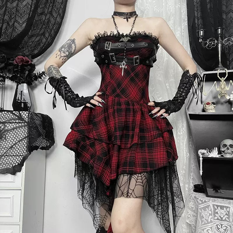 Red And Black Plaid Skirt Set Back - Femboy Fashion