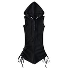 Black sleeveless romper with drawstrings on a white background