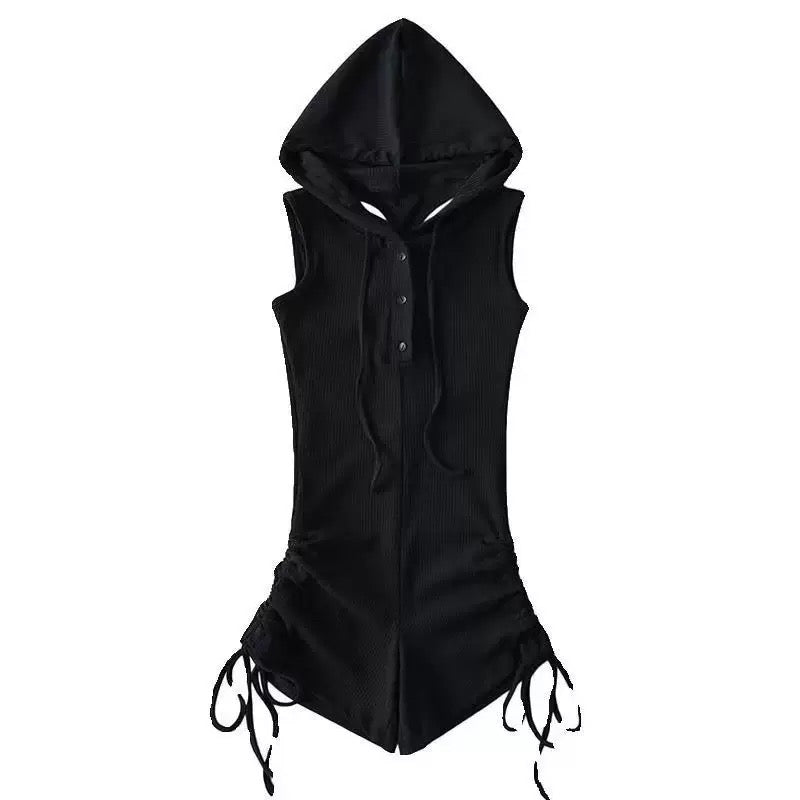 Black sleeveless romper with drawstrings on a white background