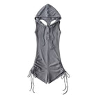 Gray sleeveless romper with drawstrings on a white background