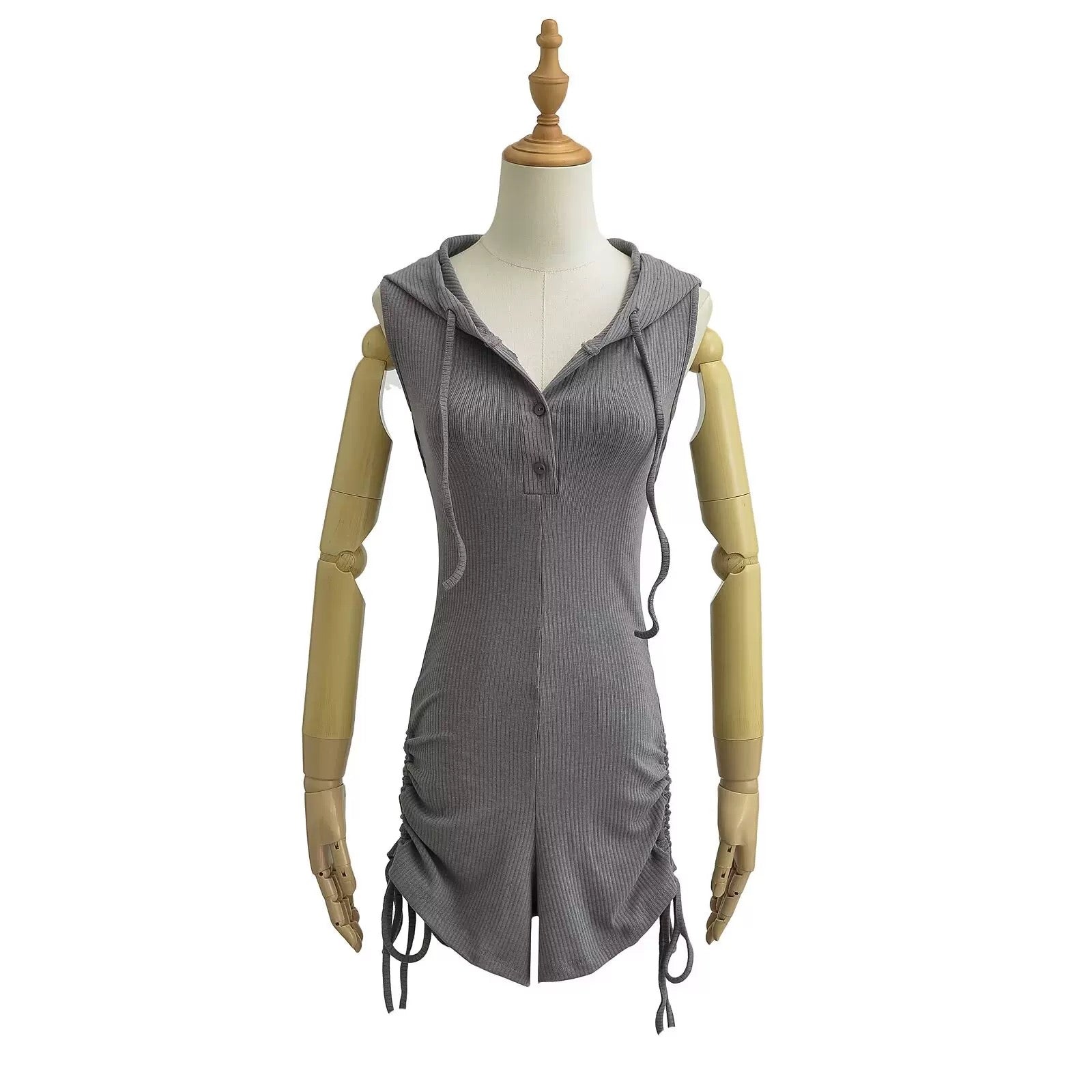 Gray sleeveless romper on a mannequin against a white background