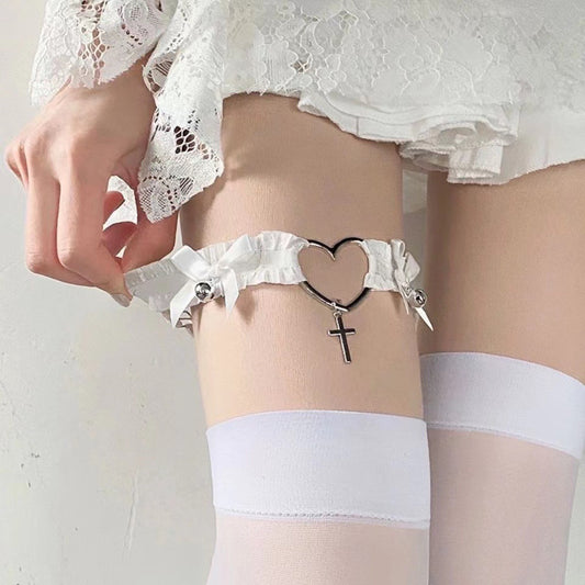 Cute White Heart And Cross Lace Thigh Garter - Femboy Fashion