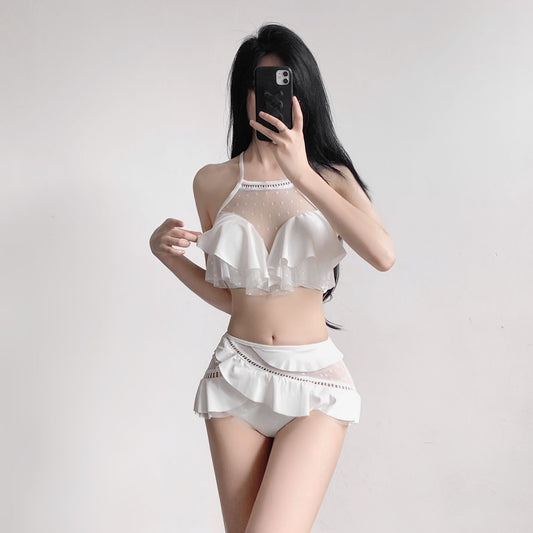 Femboy in White Ruffle Halter Bikini Set - Femboy Fashion