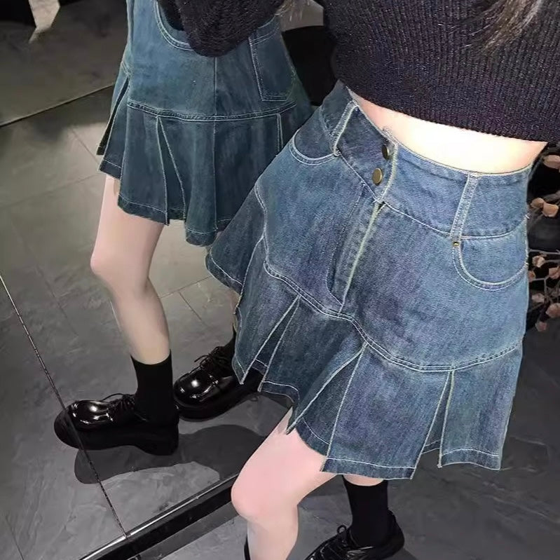 Dark Denim Pleated Skirt - Femboy Fashion