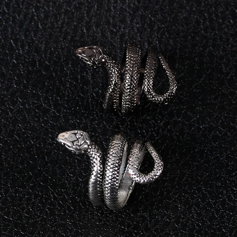 Silver snake-shaped ring on a black textured background