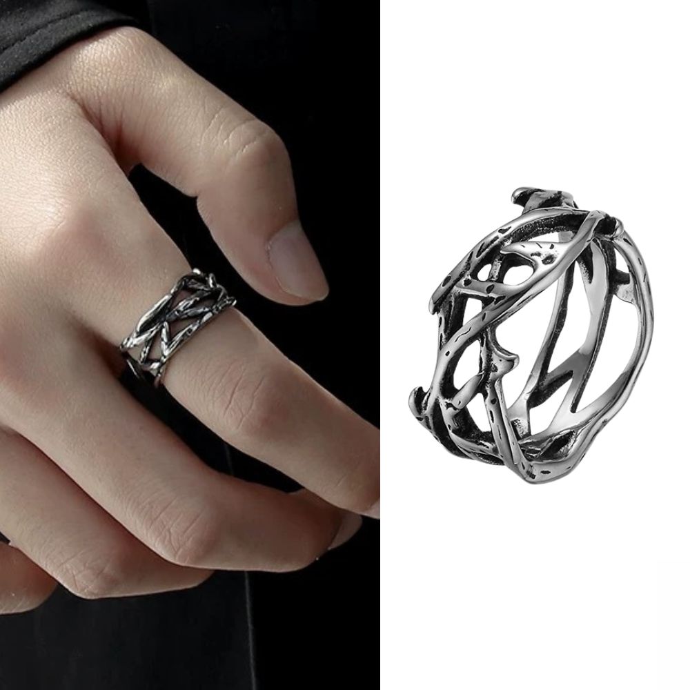 Silver retro thorns stainless steel ring worn on a finger, next to a close-up of the ring on a white background.