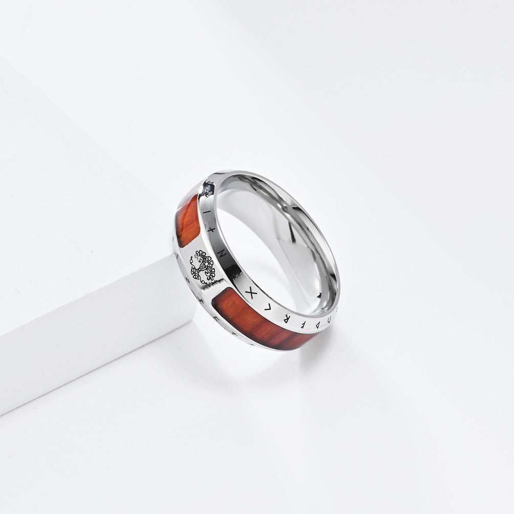 Silver tree of life viking rune wood grain stainless steel ring