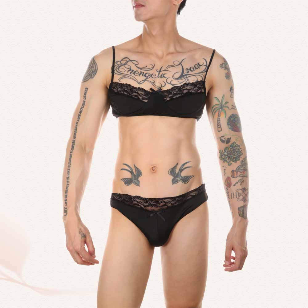 Sissy in Black Underwear And Bra Set Front - Femboy Fashion