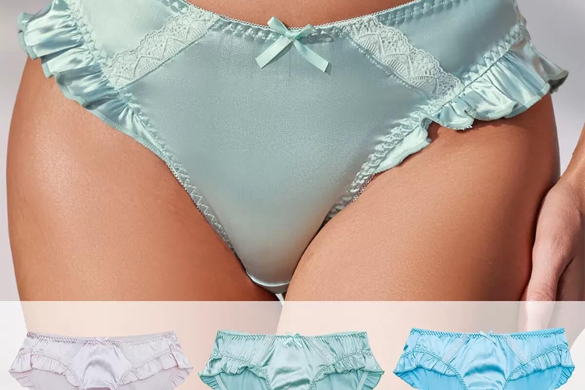 Light blue lace-trimmed underwear with three additional color options displayed below.