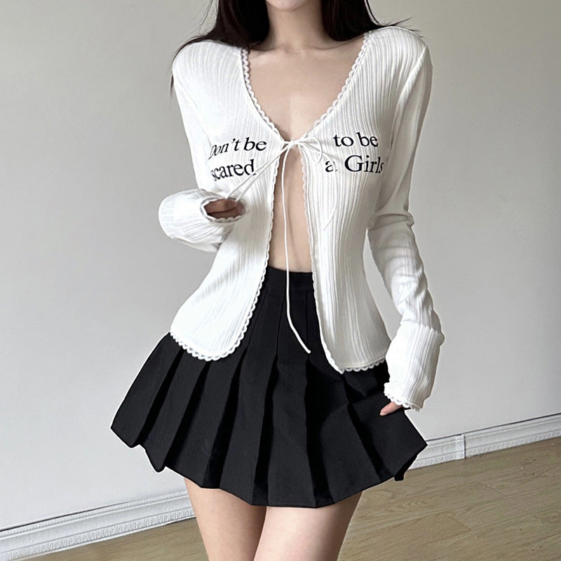 White Slim Long Sleeve Tie Front Top - Femboy Fashion