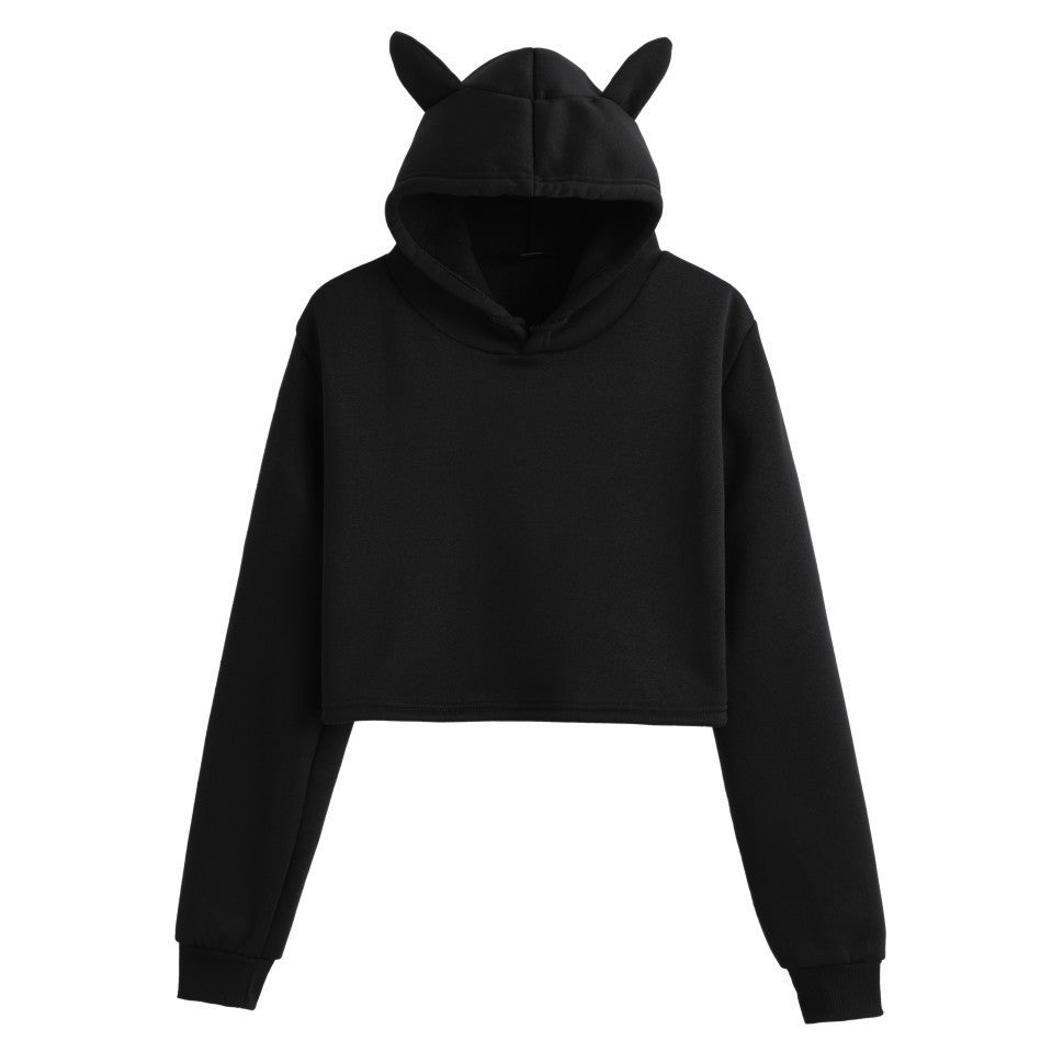 Anime Crop Hoodie With Cat Ears-Black - Femboy Fashion