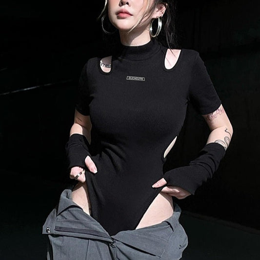 Femboy in Black Bodysuit With Gloves - Femboy Fashion