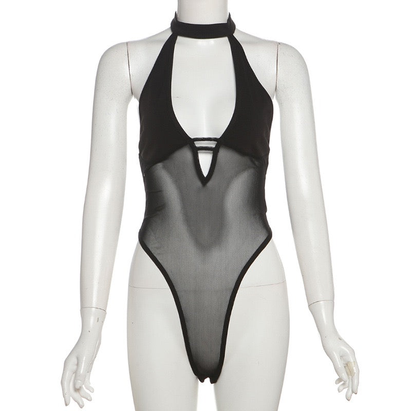 Black Halterneck Bodysuit With Chain Straps Bottom - Femboy Fashion