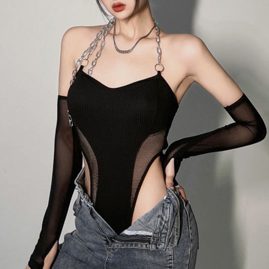 Femboy in Black Halterneck Bodysuit With Chain Straps - Femboy Fashion