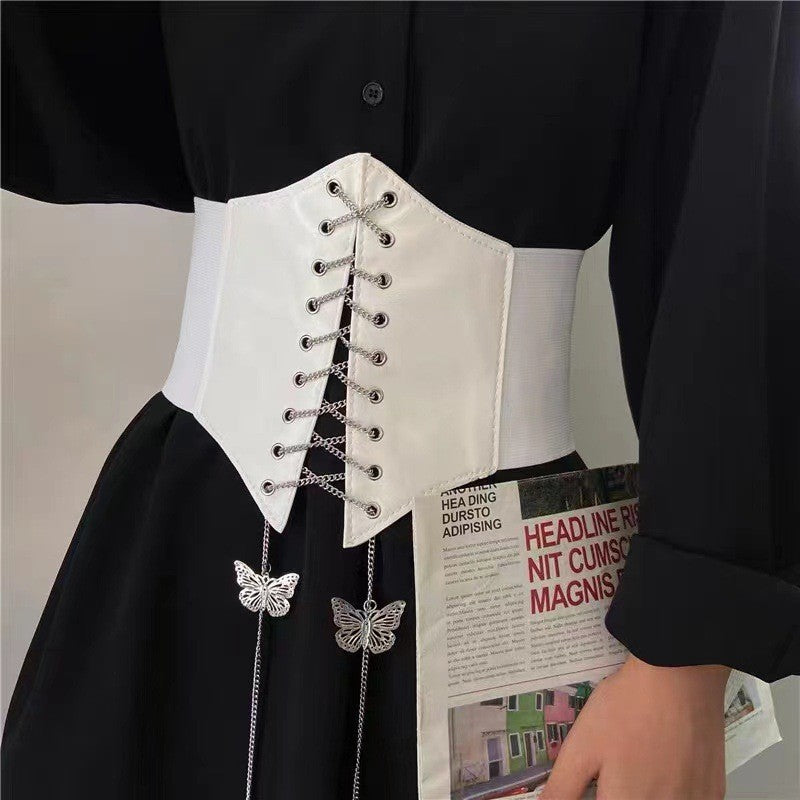 White Corset Belt With Butterfly Chain - Femboy Fashion