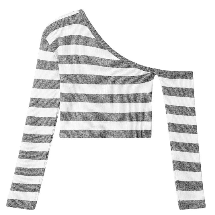 Gray And White Striped T-Shirt Long Sleeve - Femboy Fashion
