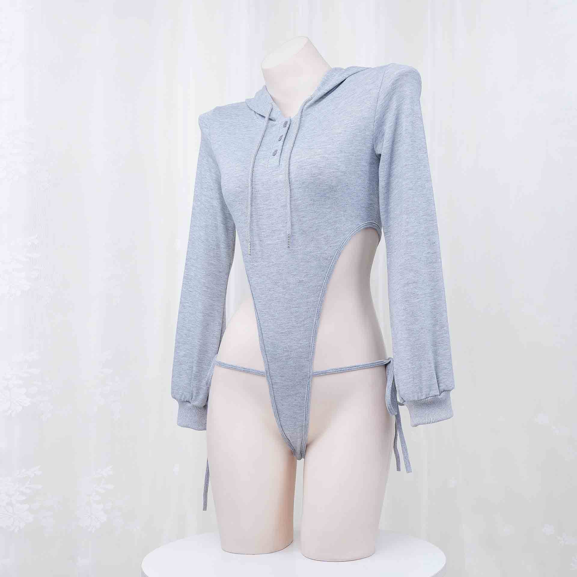 Gray High Cut Bodysuit Hoodie - Femboy Fashion