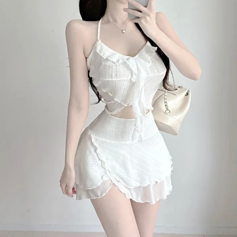 White Ruffle Halter Bikini Set for Femboy - Femboy Fashion