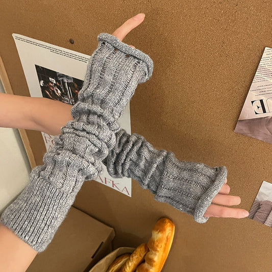 Solid Knitted Fingerless Gloves Grey - Femboy Fashion
