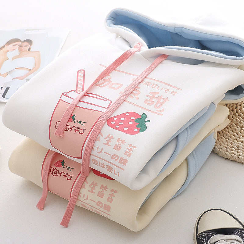 Cute White Strawberry Milk Hoodies - Femboy Fashion