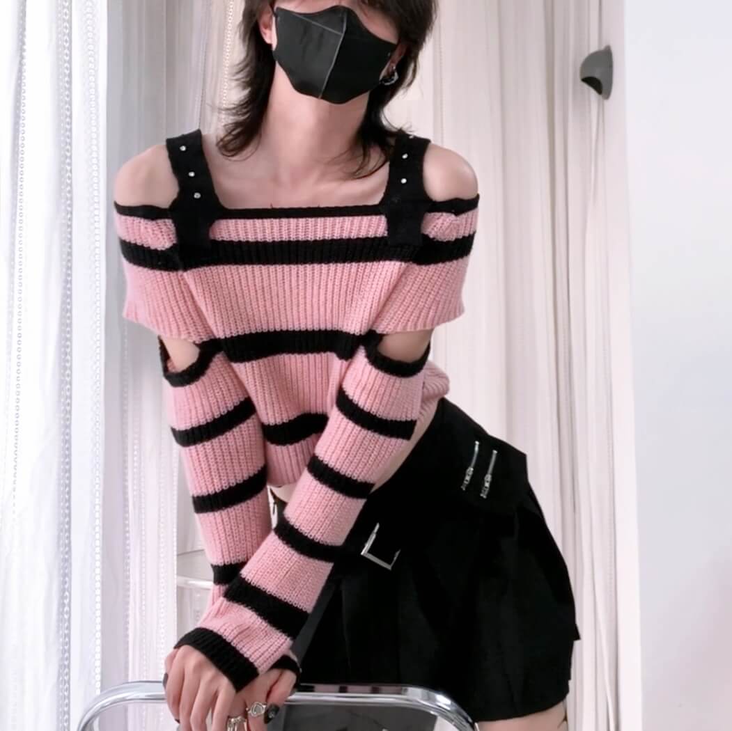 Sweet Black And Pink Off Shoulder Sweater Neck