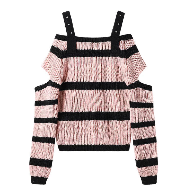Sweet Black And Pink Off Shoulder Sweater