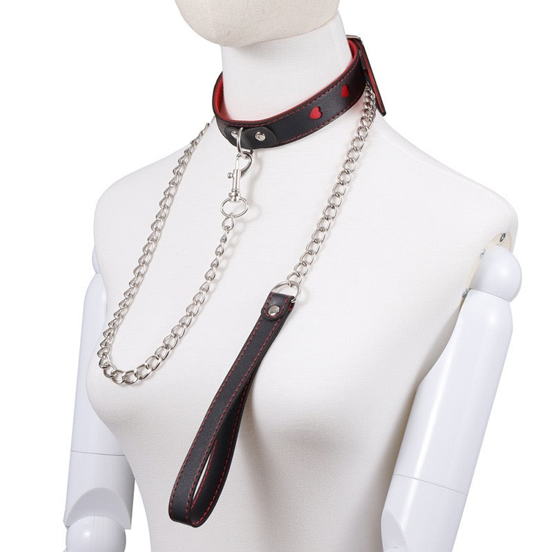 Sweet black and red leather collar with chain femboy fashion