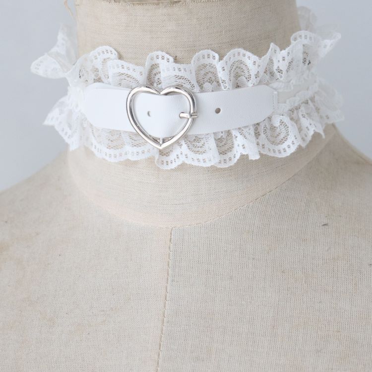 Femboy sweet white leather collar with lace