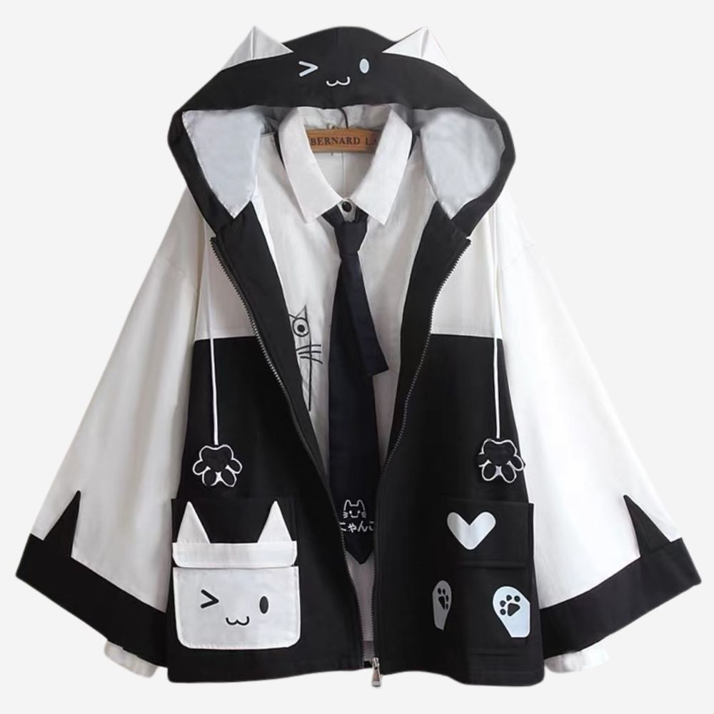 Black and white jacket with cat-themed designs on a white background