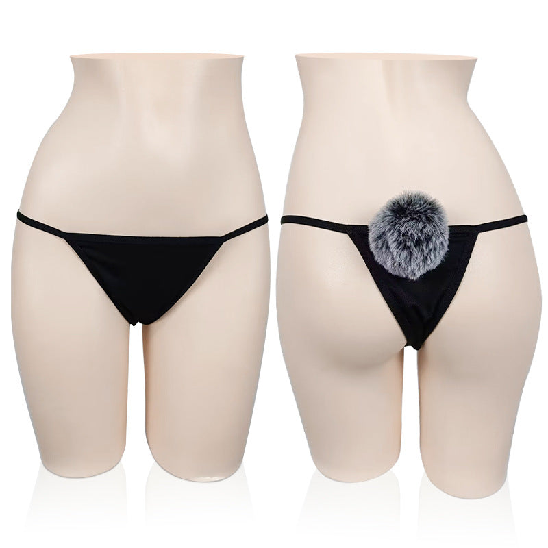 Black Thong With Grey Bunny Tail - Femboy Fashion