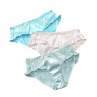 Three pairs of women's underwear in light blue, pink, and green on a white background.
